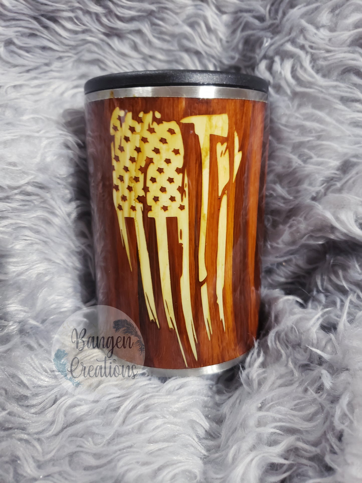 Woodgrain Fire Ax Can Cooler Tumbler